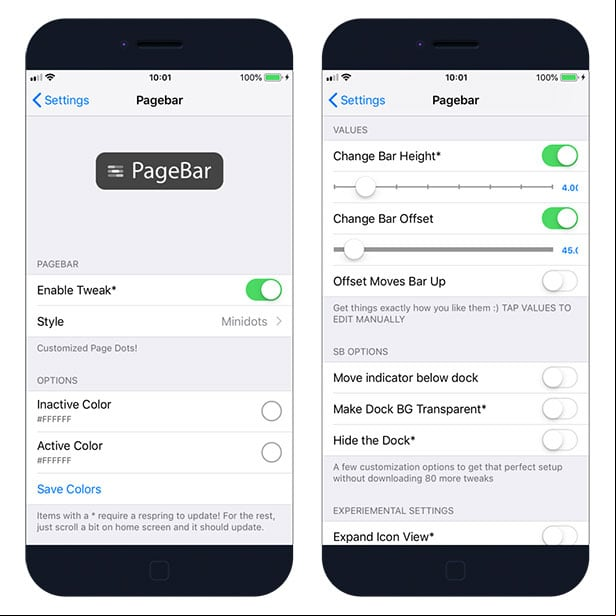 PageBar tweak settings